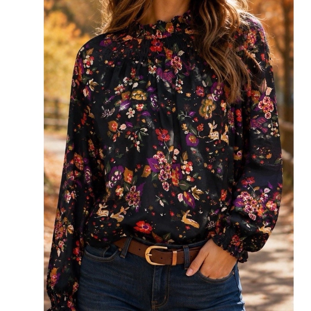 J. McLaughlin Silk Blend Floral Woodland Deer Print Smocked Mock Neck Blouse S